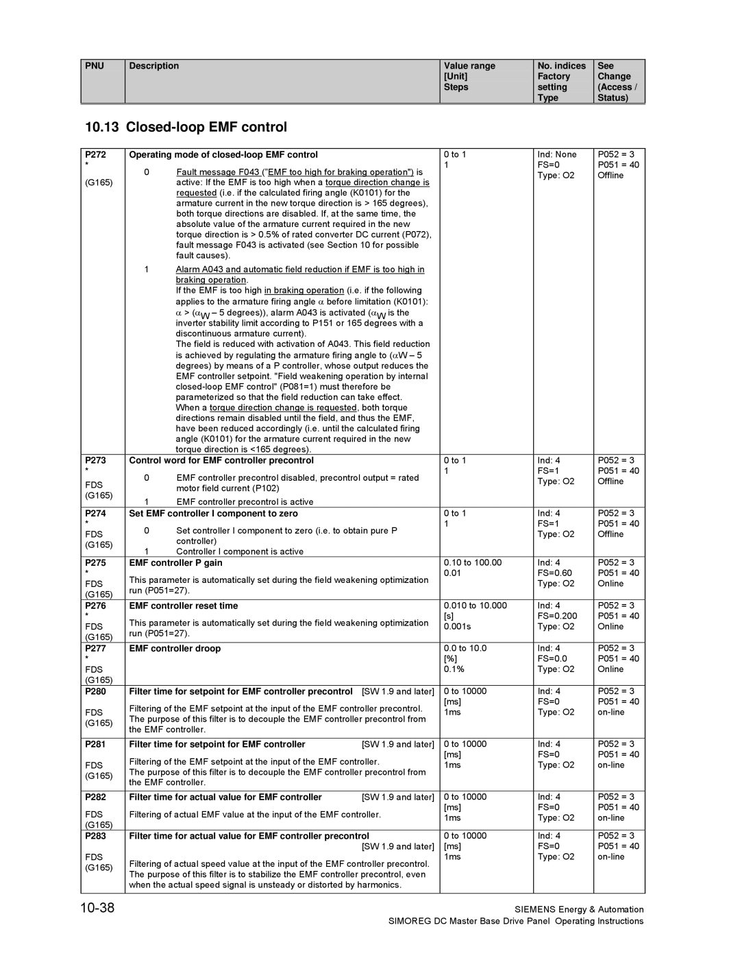 Siemens 6RA70 specifications Closed-loop EMF control, 10-38 