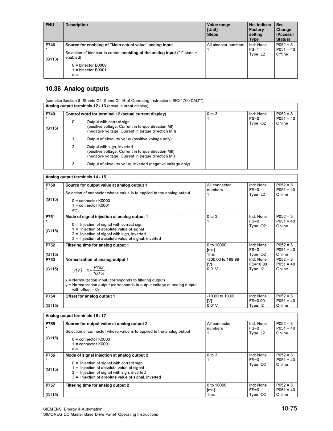 Siemens 6RA70 specifications Analog outputs, 10-75 