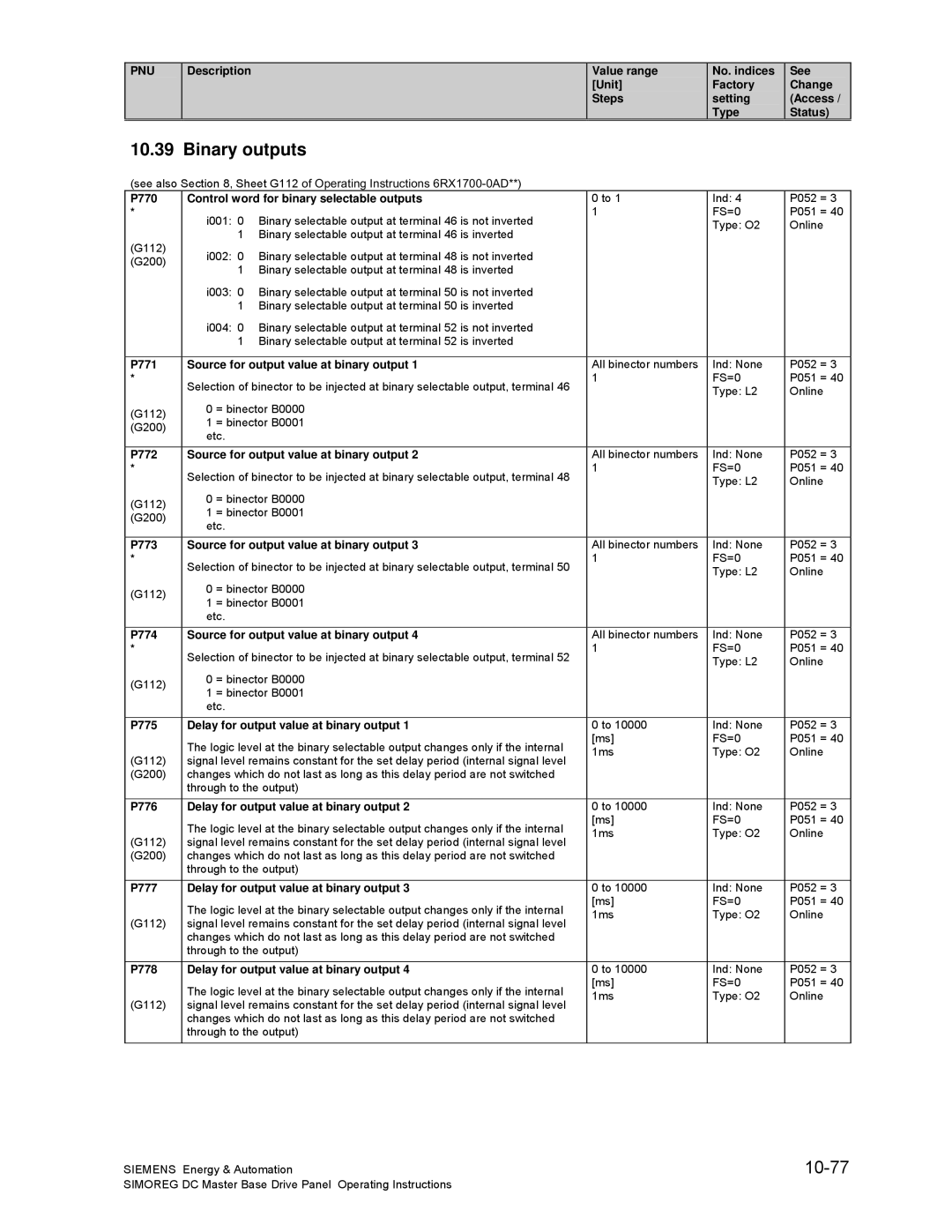 Siemens 6RA70 specifications Binary outputs, 10-77 