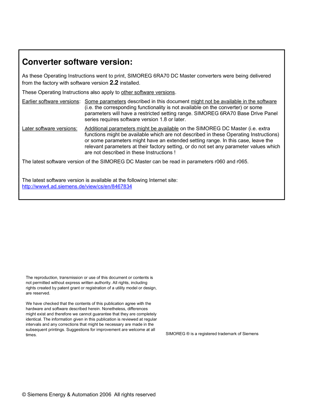 Siemens 6RA70 specifications Converter software version 