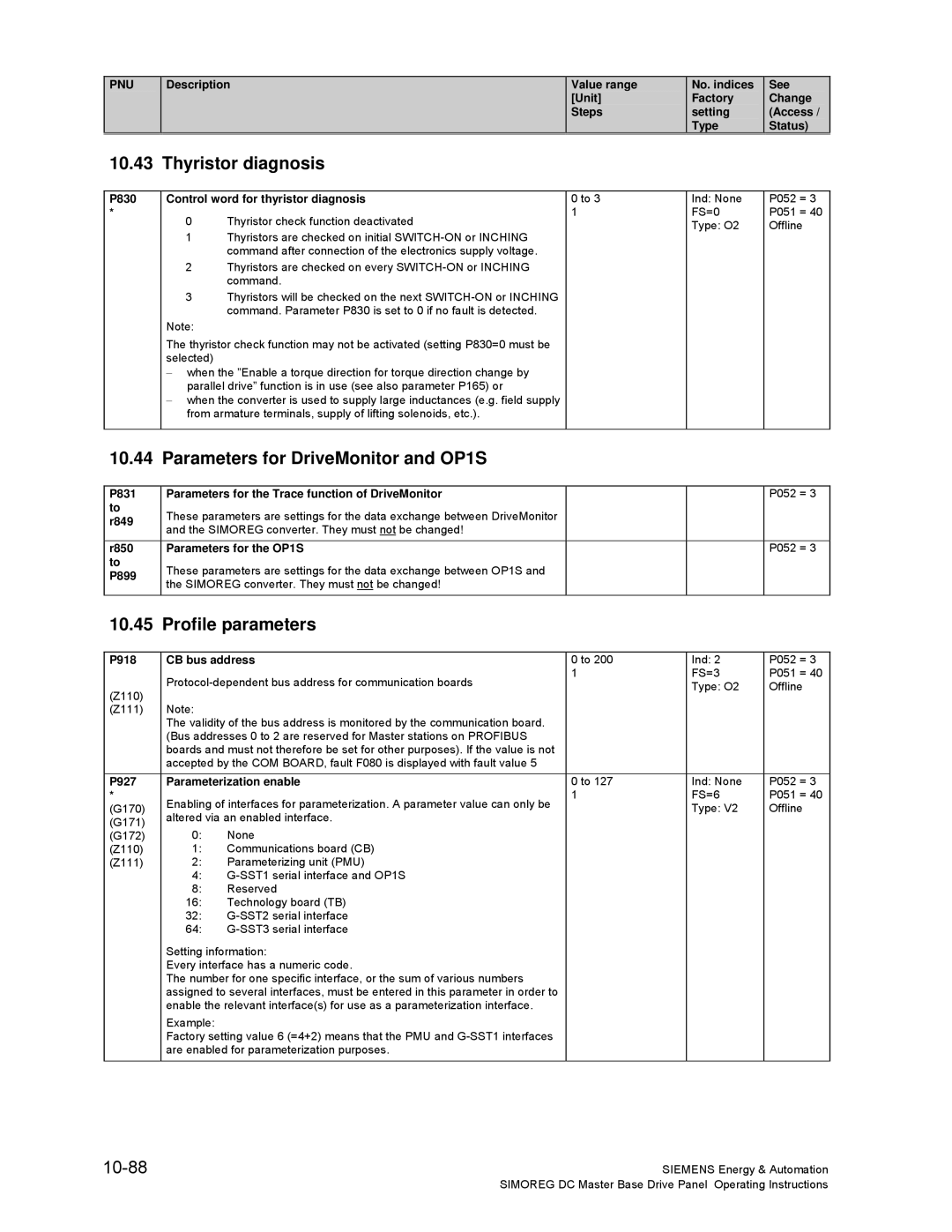 Siemens 6RA70 specifications Thyristor diagnosis, Parameters for DriveMonitor and OP1S, Profile parameters, 10-88 