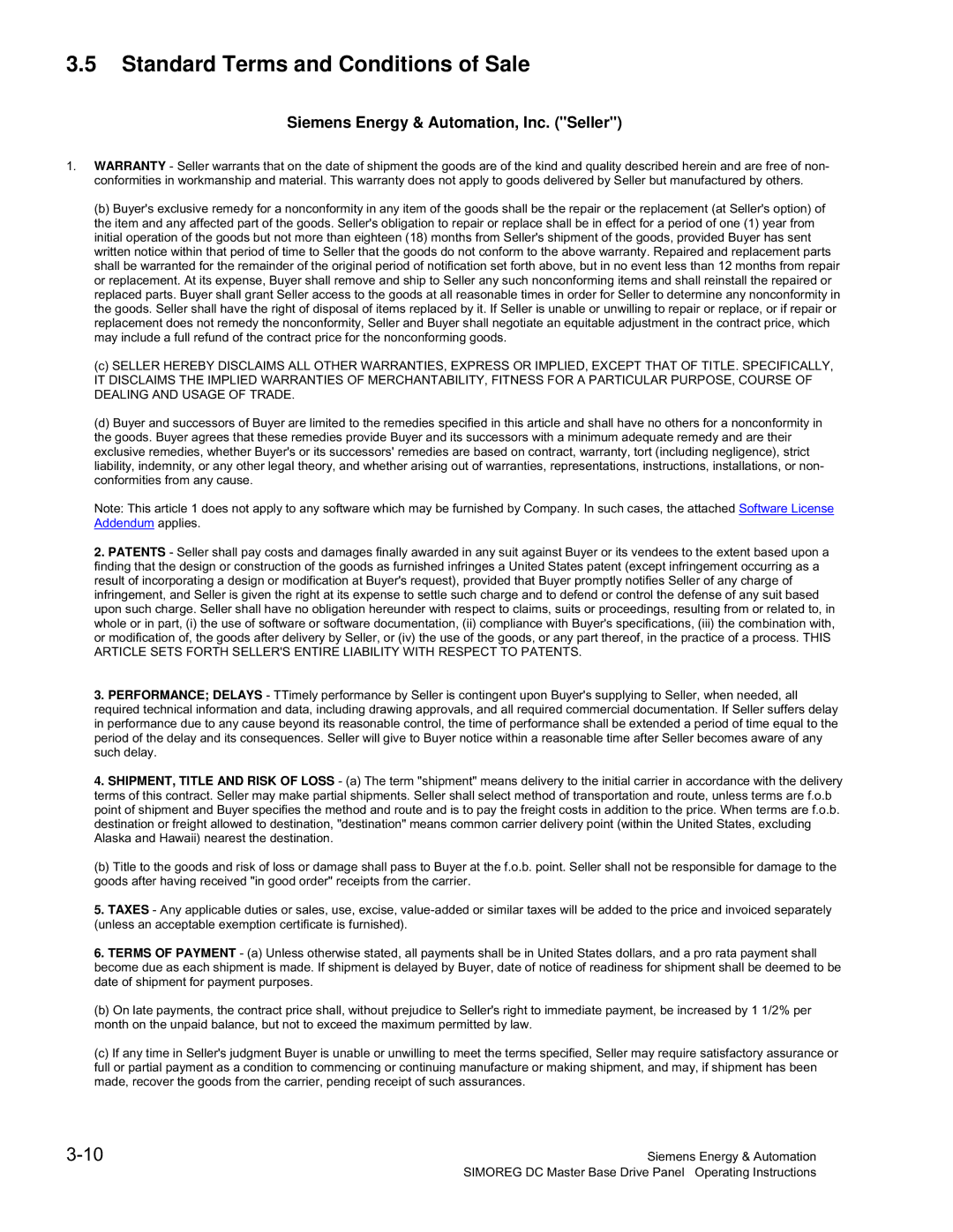 Siemens 6RA70 specifications Standard Terms and Conditions of Sale, Siemens Energy & Automation, Inc. Seller 