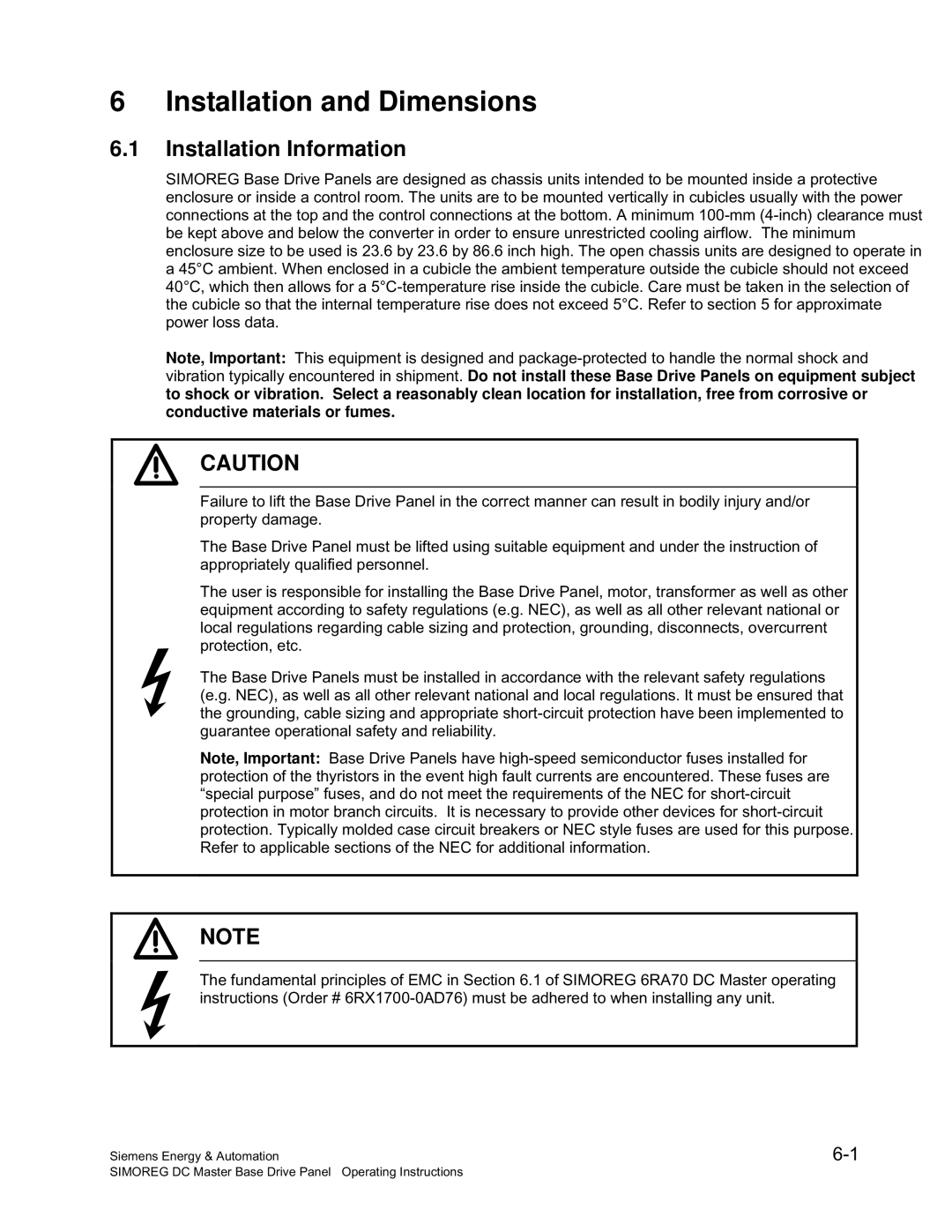 Siemens 6RA70 specifications Installation and Dimensions, Installation Information 