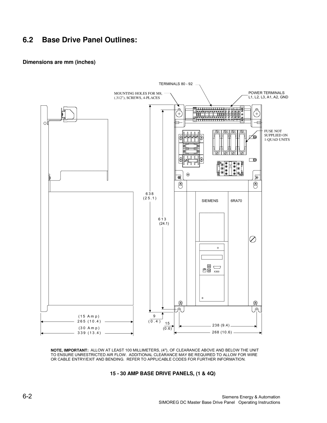 Siemens 6RA70 specifications Base Drive Panel Outlines, Dimensions are mm inches, 15 30 AMP Base Drive PANELS, 1 & 4Q 