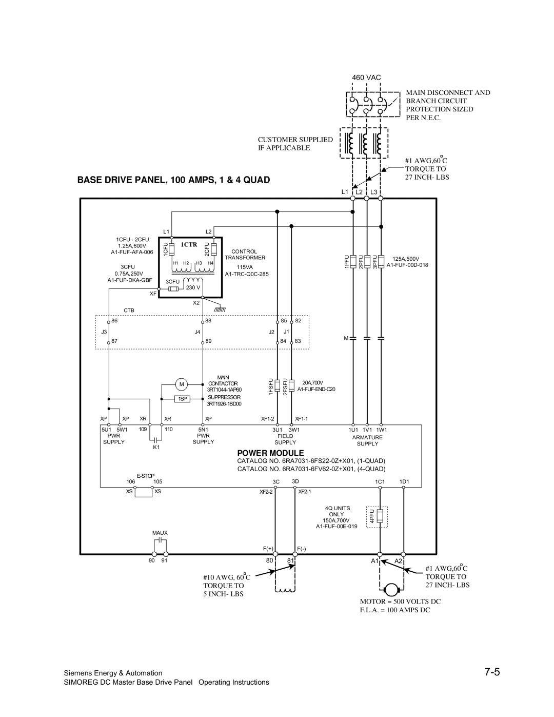 Siemens 6RA70 specifications Base Drive PANEL, 100 AMPS, 1 & 4 Quad 