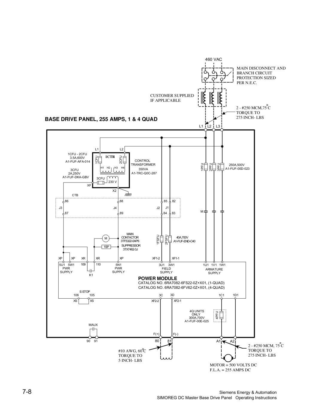 Siemens 6RA70 specifications Base Drive PANEL, 255 AMPS, 1 & 4 Quad 