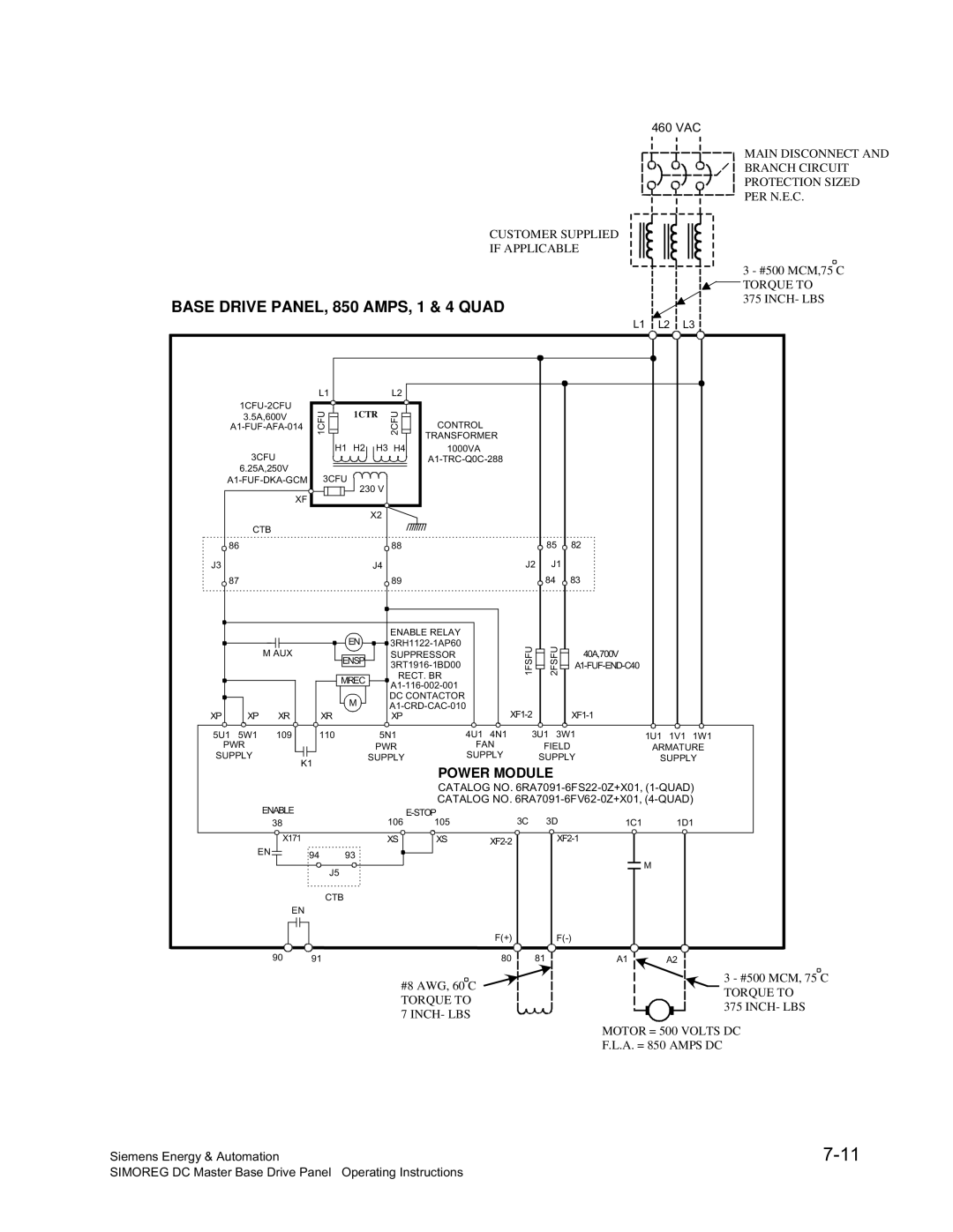 Siemens 6RA70 specifications Base Drive PANEL, 850 AMPS, 1 & 4 Quad 