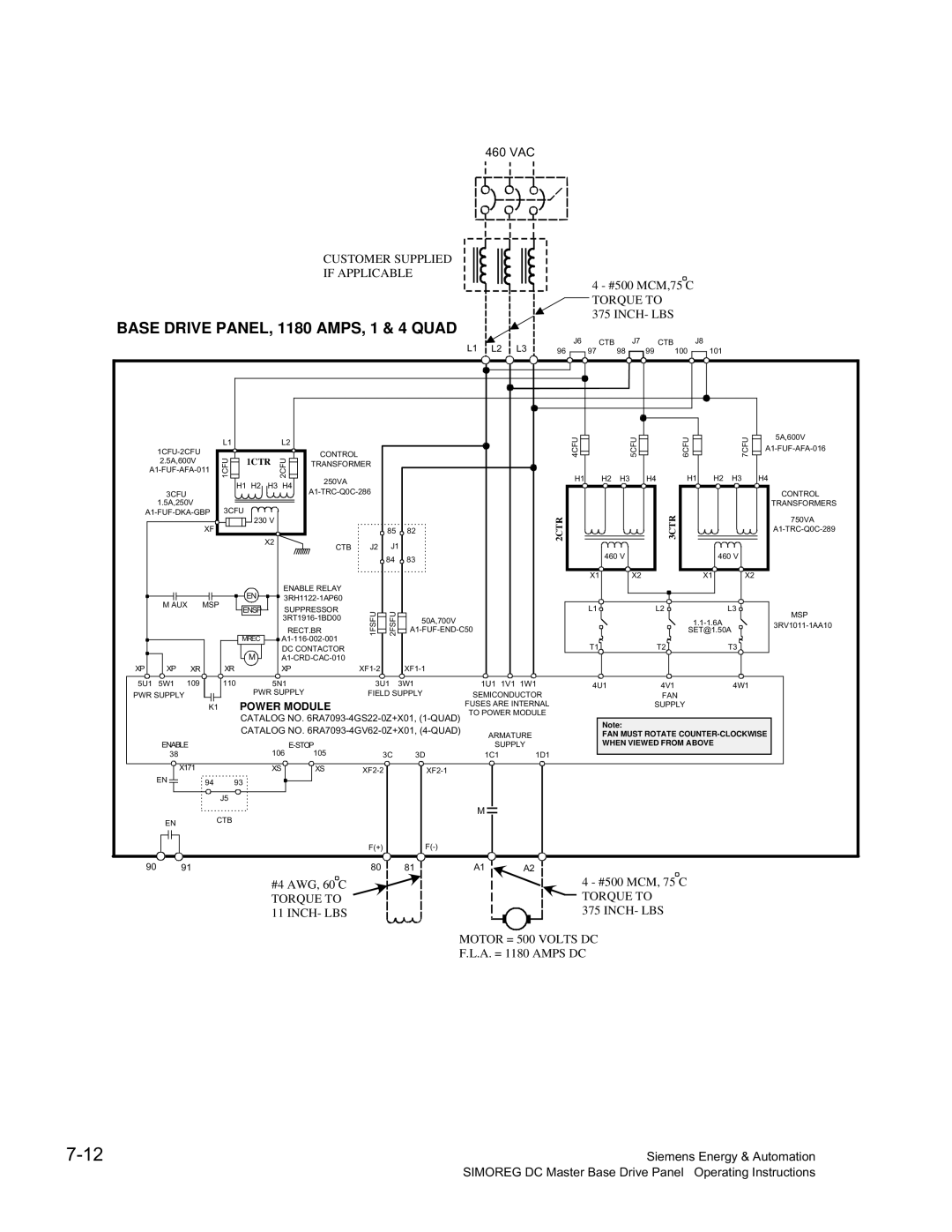 Siemens 6RA70 specifications Base Drive PANEL, 1180 AMPS, 1 & 4 Quad, 3CTR 