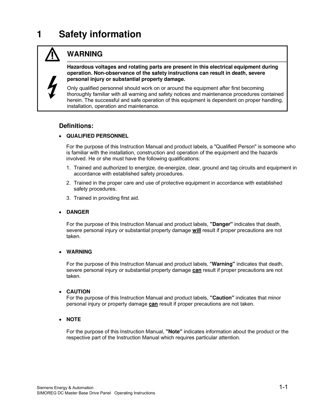 Siemens 6RA70 specifications Definitions, Qualified Personnel, Operating Instructions 