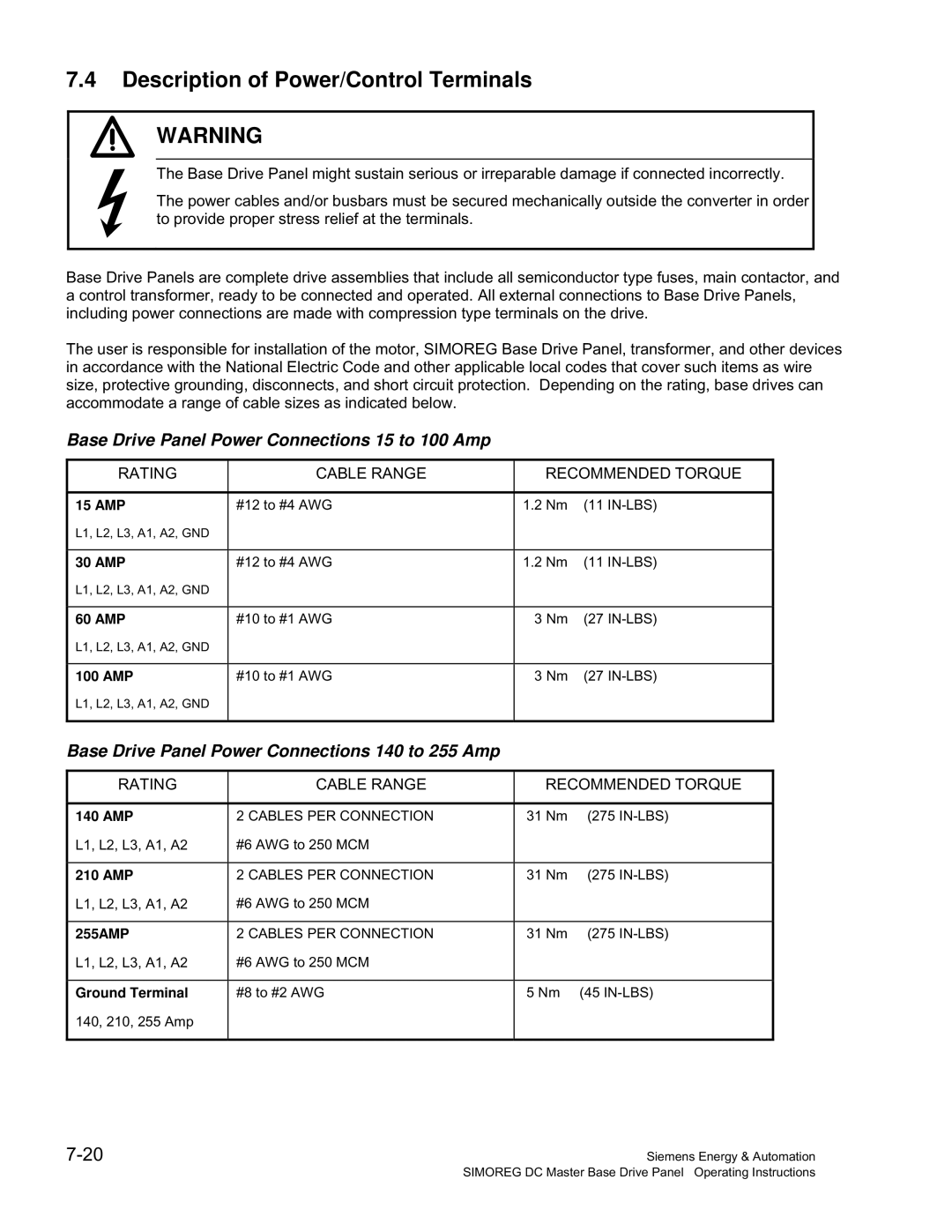 Siemens 6RA70 specifications Description of Power/Control Terminals, Base Drive Panel Power Connections 15 to 100 Amp 