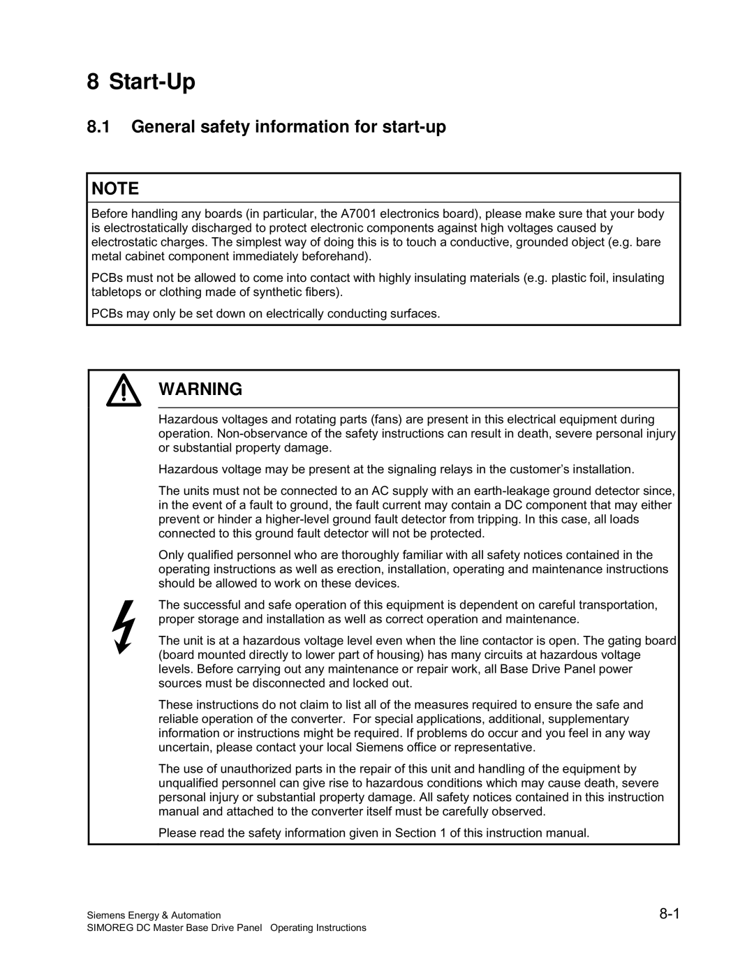 Siemens 6RA70 specifications Start-Up, General safety information for start-up 