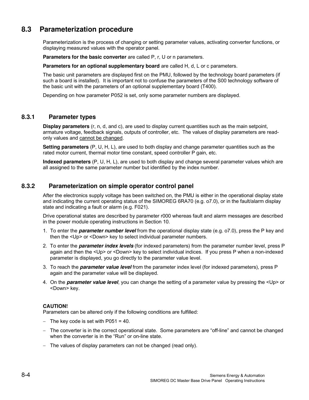 Siemens 6RA70 specifications Parameterization procedure, Parameter types, Parameterization on simple operator control panel 