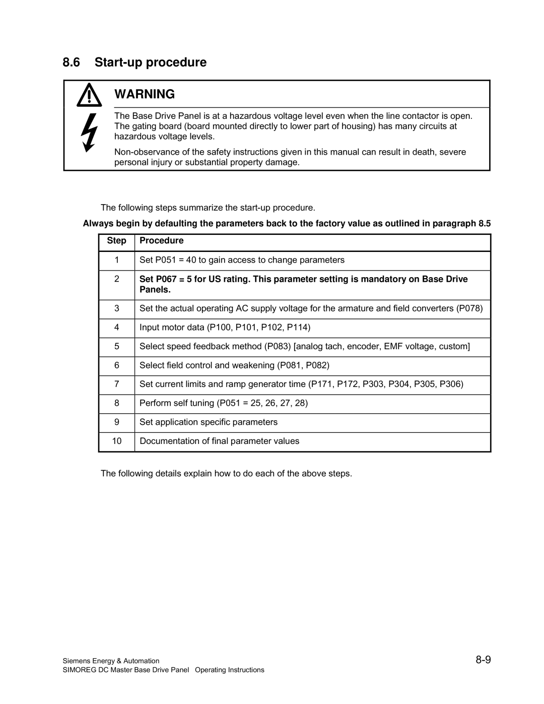 Siemens 6RA70 specifications Start-up procedure, Panels 