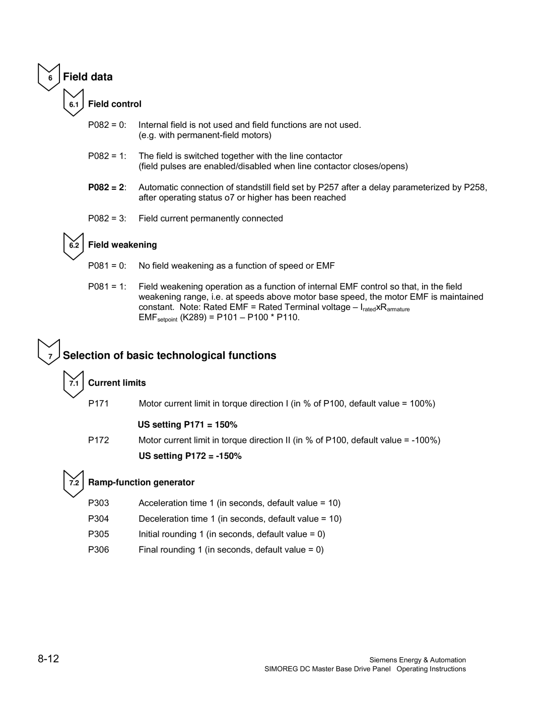 Siemens 6RA70 specifications Field data, Selection of basic technological functions 