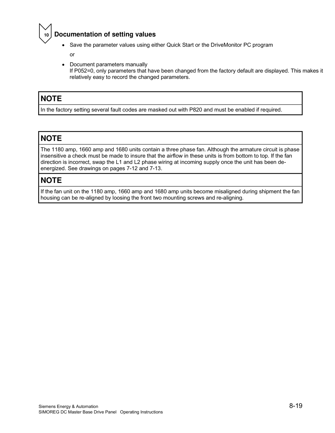 Siemens 6RA70 specifications Documentation of setting values 