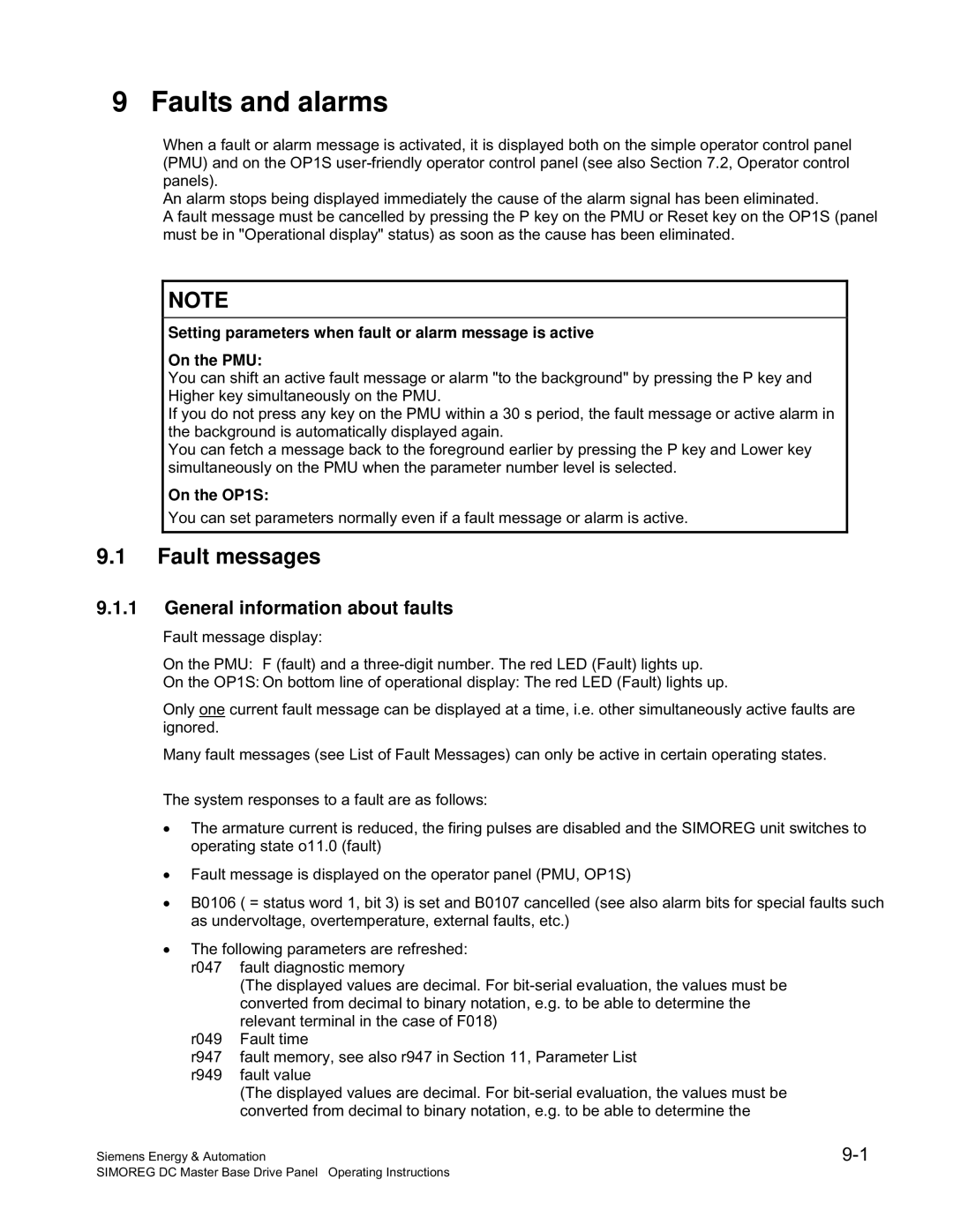 Siemens 6RA70 specifications Fault messages, General information about faults, On the OP1S 