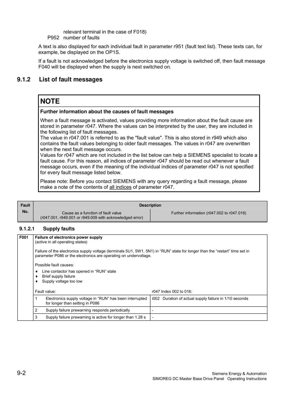 Siemens 6RA70 specifications List of fault messages, Further information about the causes of fault messages, Supply faults 