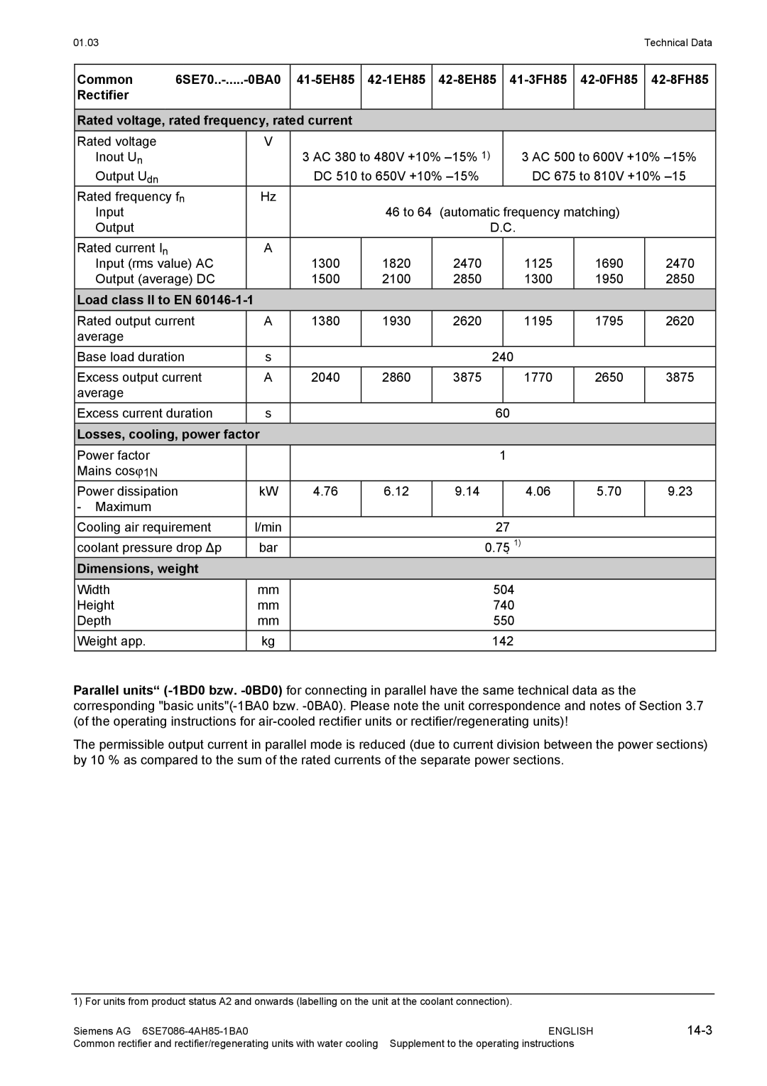 Siemens 6SE7086-4AH85-1BA0 Load class II to EN, Losses, cooling, power factor, Dimensions, weight, 14-3 