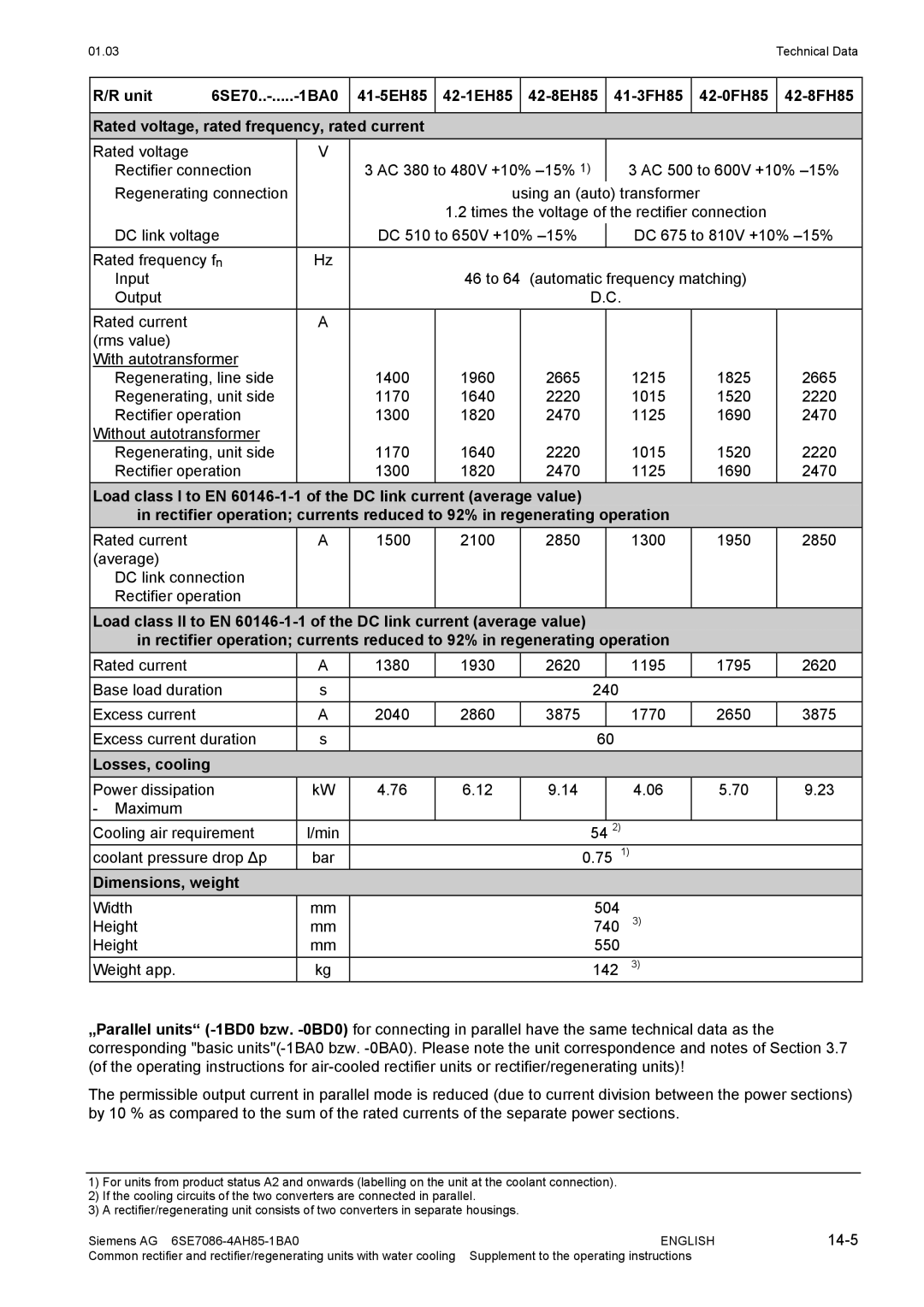 Siemens 6SE7086-4AH85-1BA0 operating instructions Losses, cooling, 14-5 