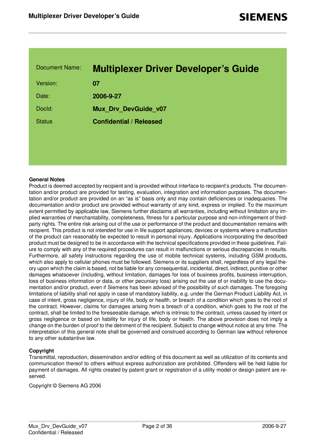 Siemens 7 manual General Notes, Copyright 