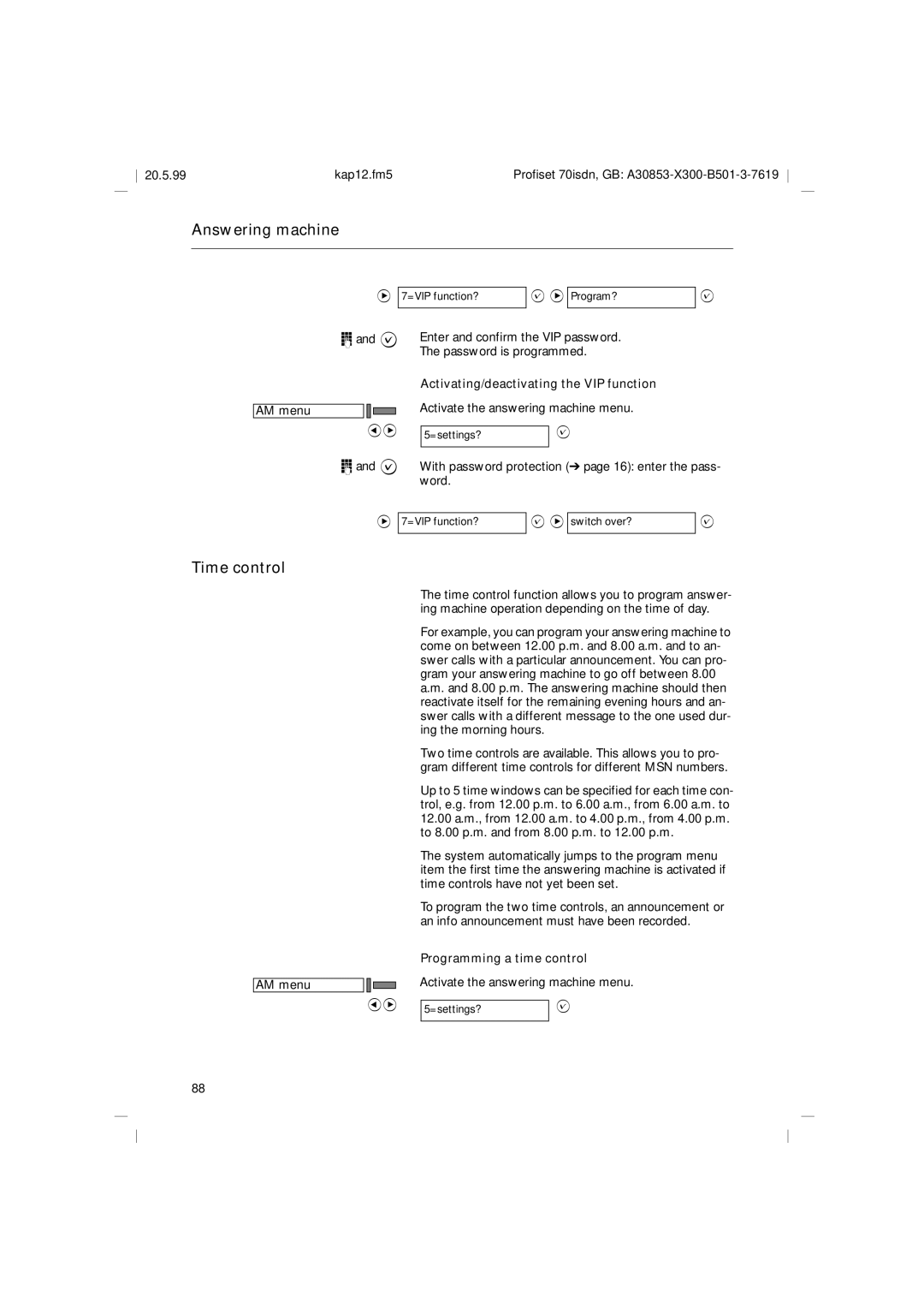 Siemens 70isdn operating instructions Time control, Activating/deactivating the VIP function, Programming a time control 