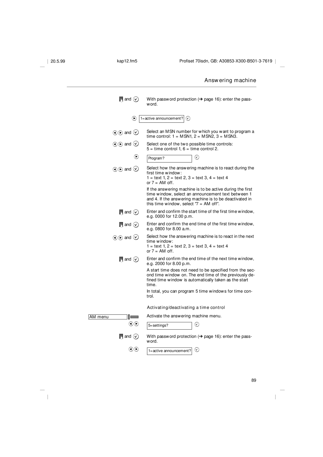 Siemens 70isdn operating instructions Activating/deactivating a time control 