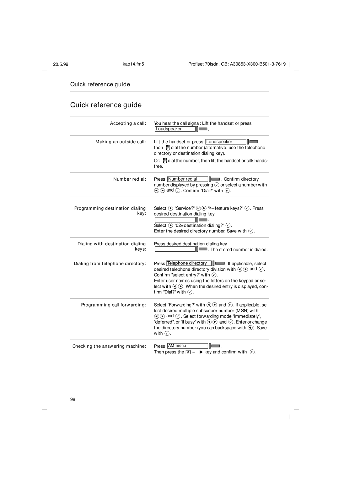 Siemens 70isdn operating instructions Quick reference guide 