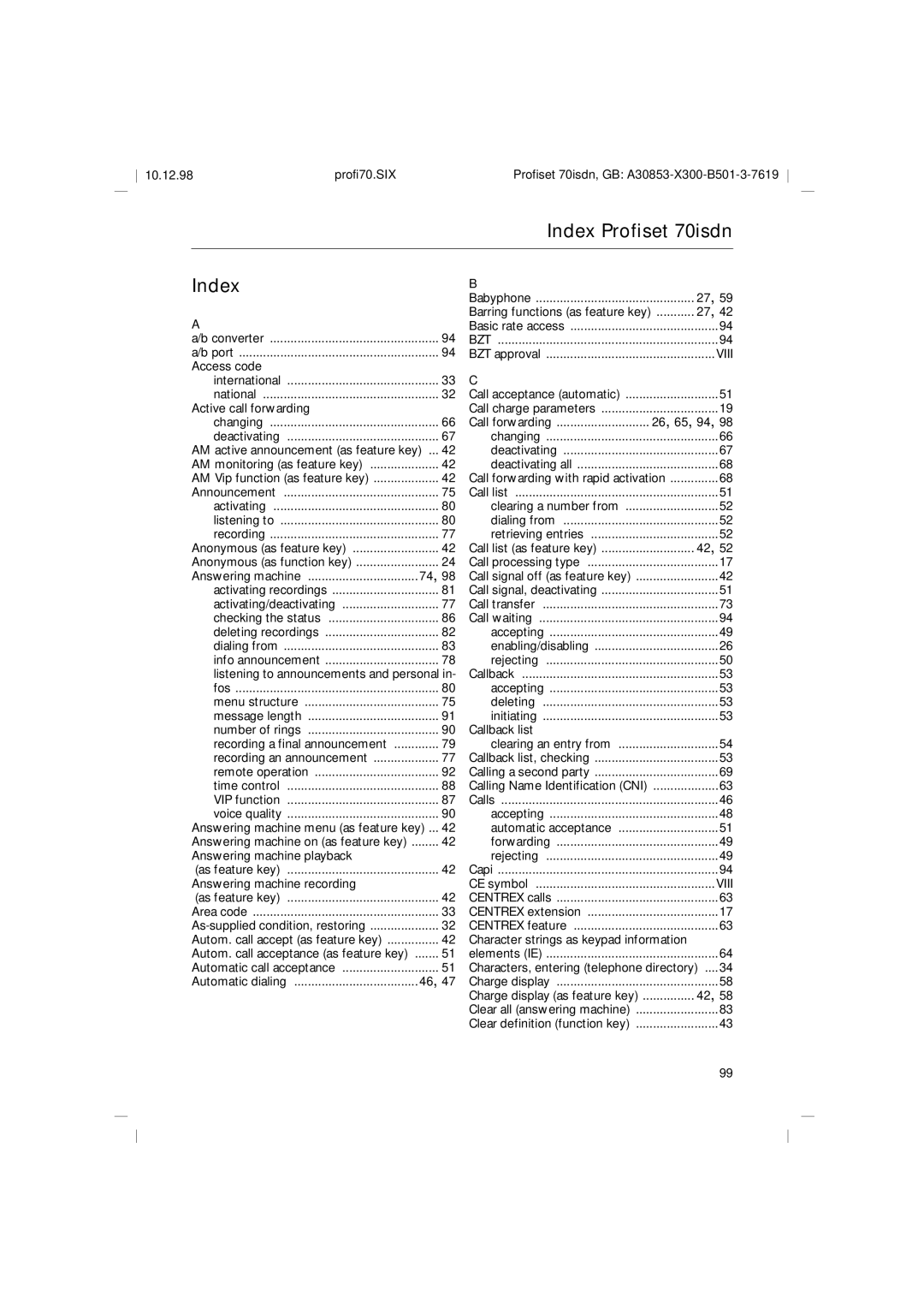 Siemens operating instructions Index Profiset 70isdn 