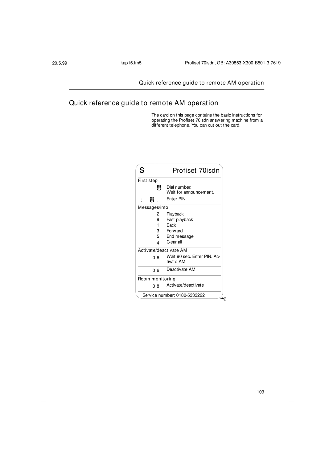 Siemens 70isdn operating instructions Quick reference guide to remote AM operation 