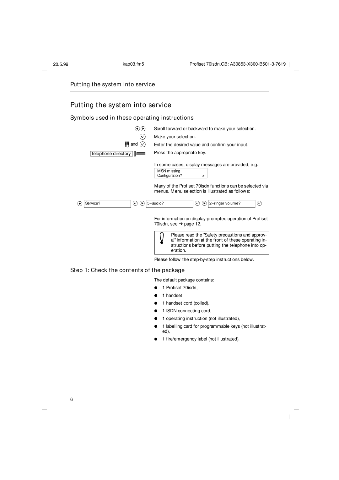 Siemens 70isdn Putting the system into service, Symbols used in these operating instructions 