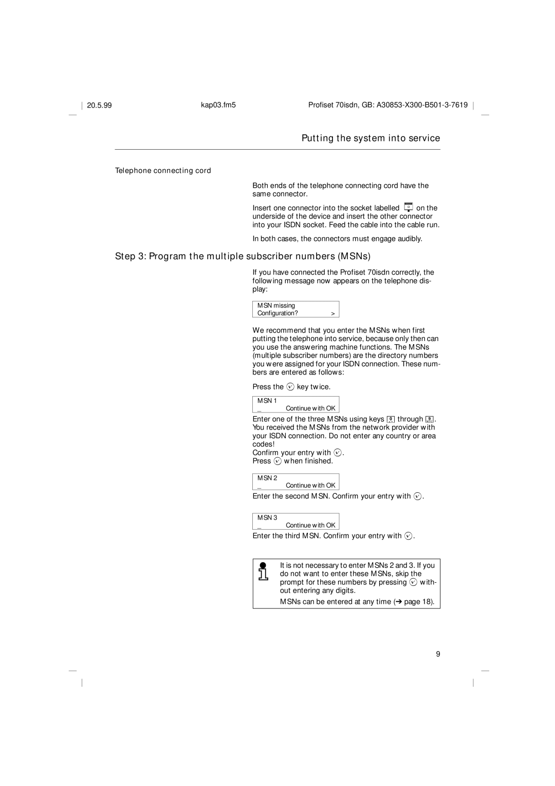 Siemens 70isdn operating instructions Program the multiple subscriber numbers MSNs, Telephone connecting cord 