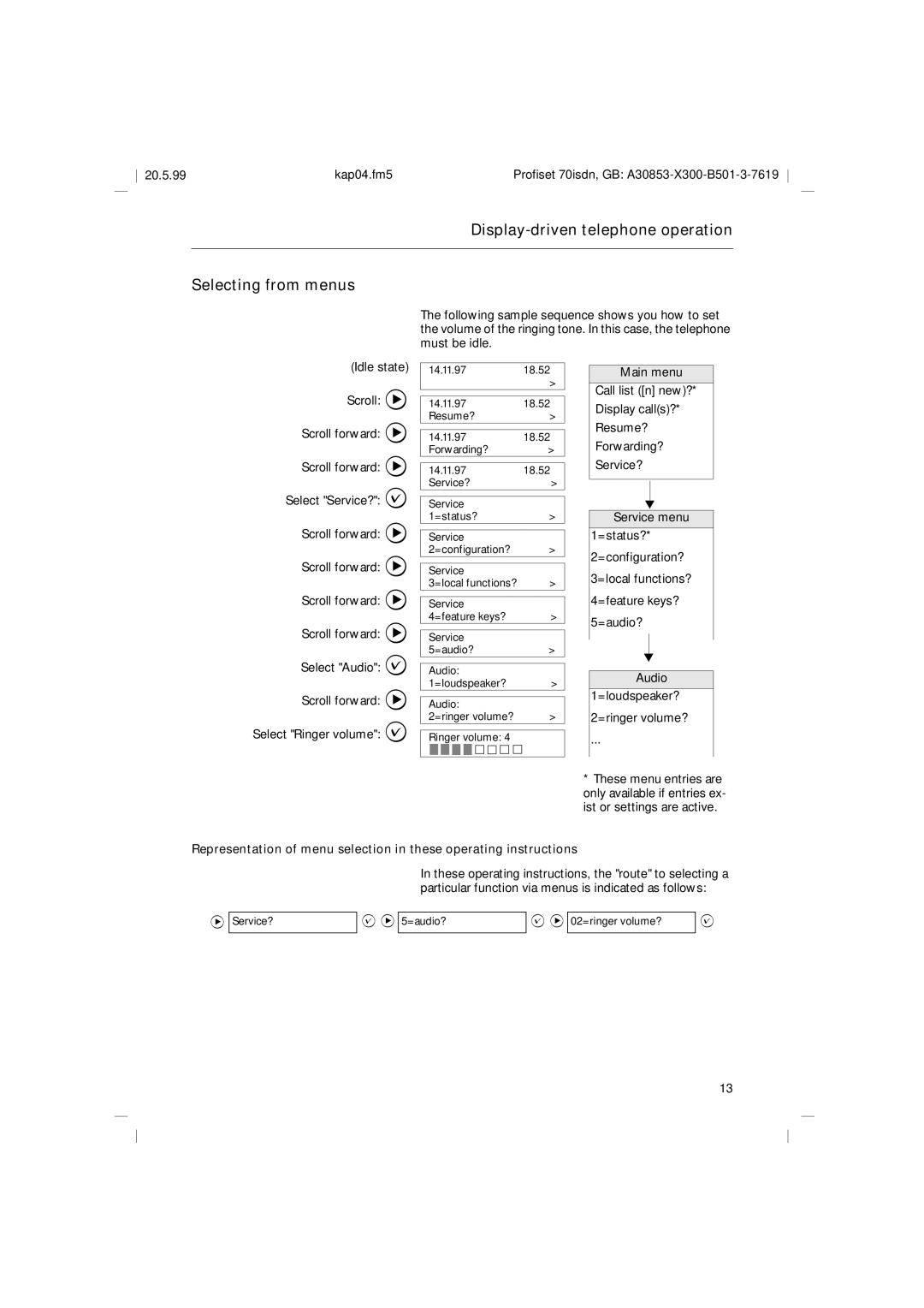 Siemens 70isdn operating instructions Display-driven telephone operation Selecting from menus 