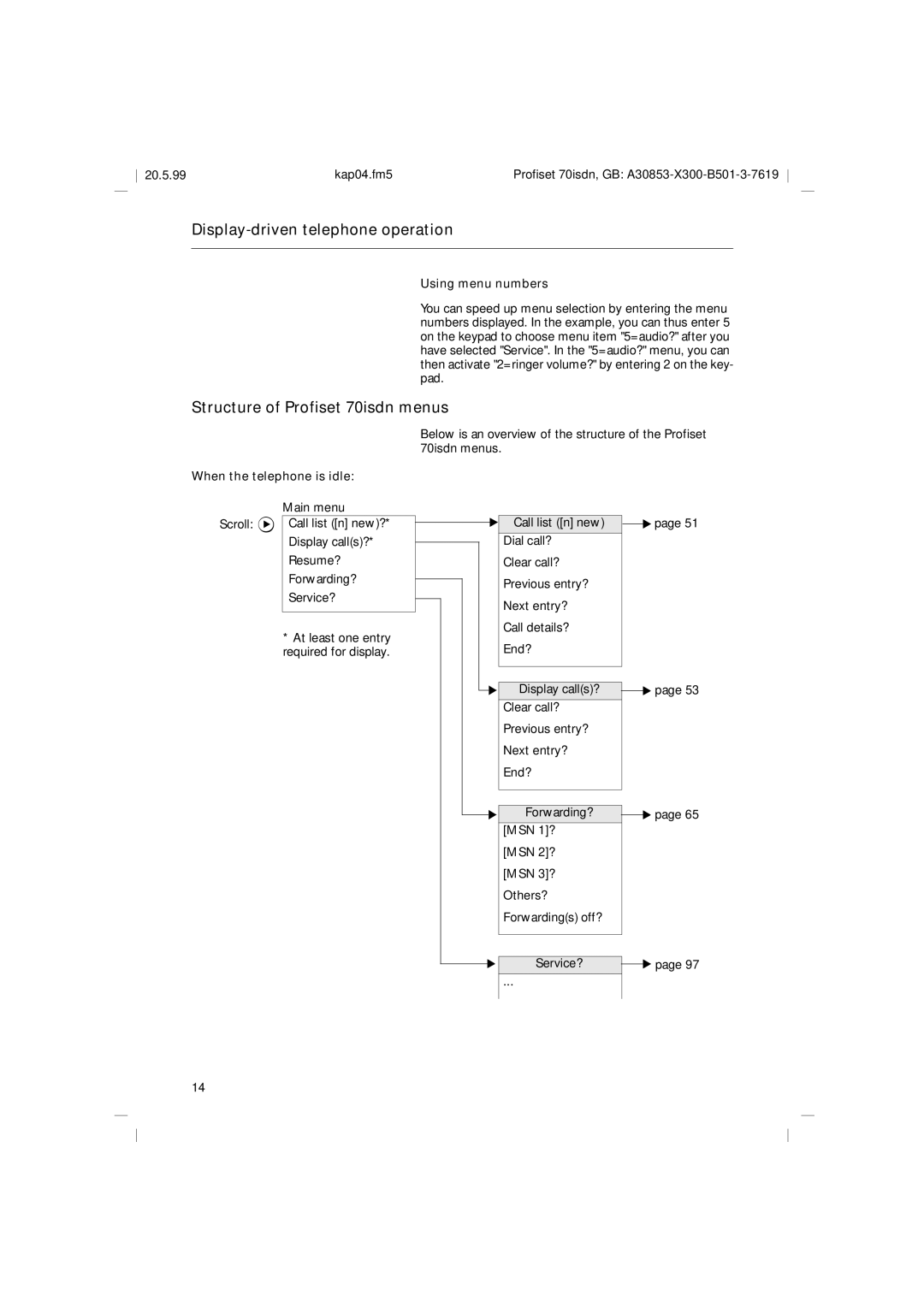 Siemens operating instructions Structure of Profiset 70isdn menus, Using menu numbers, When the telephone is idle 