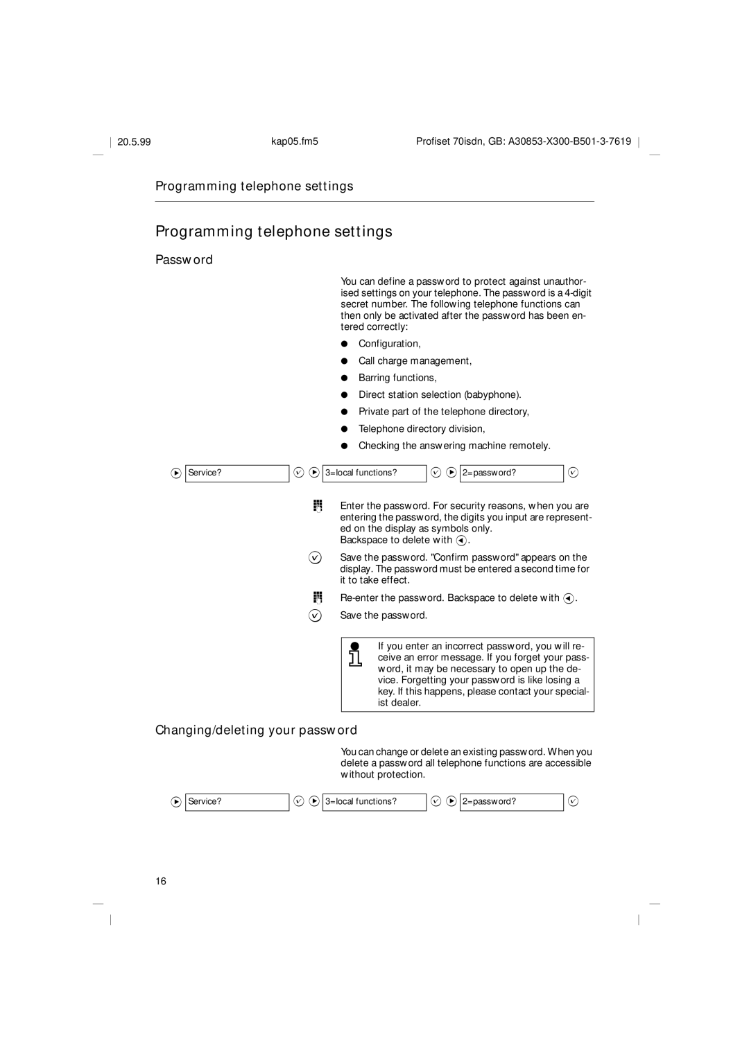 Siemens 70isdn Programming telephone settings, Password, Changing/deleting your password, 20.5.99 Kap05.fm5 