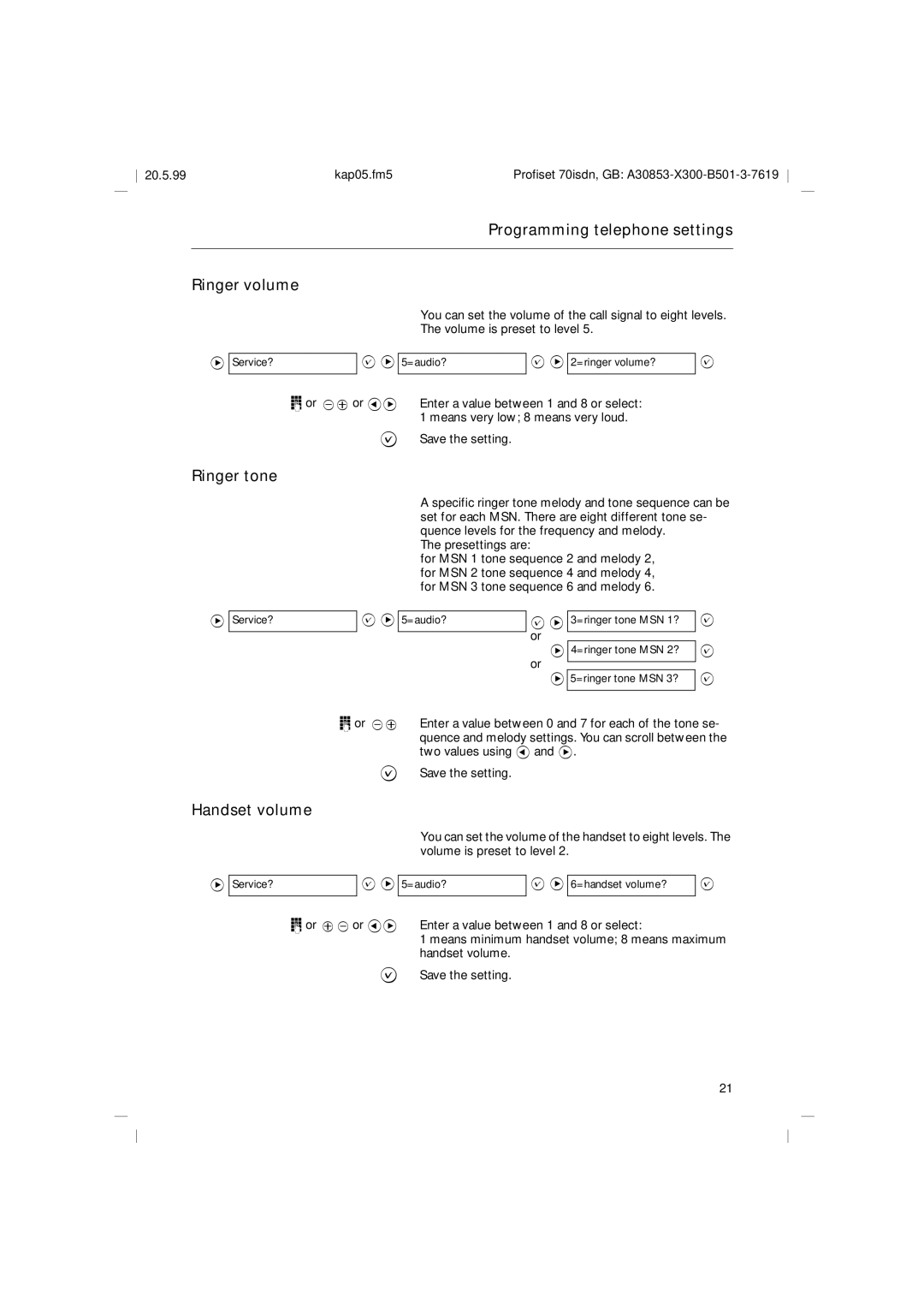 Siemens 70isdn operating instructions Programming telephone settings Ringer volume, Ringer tone, Handset volume 