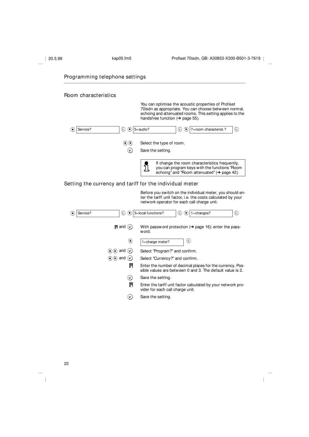 Siemens 70isdn Programming telephone settings Room characteristics, Select the type of room ? Save the setting 