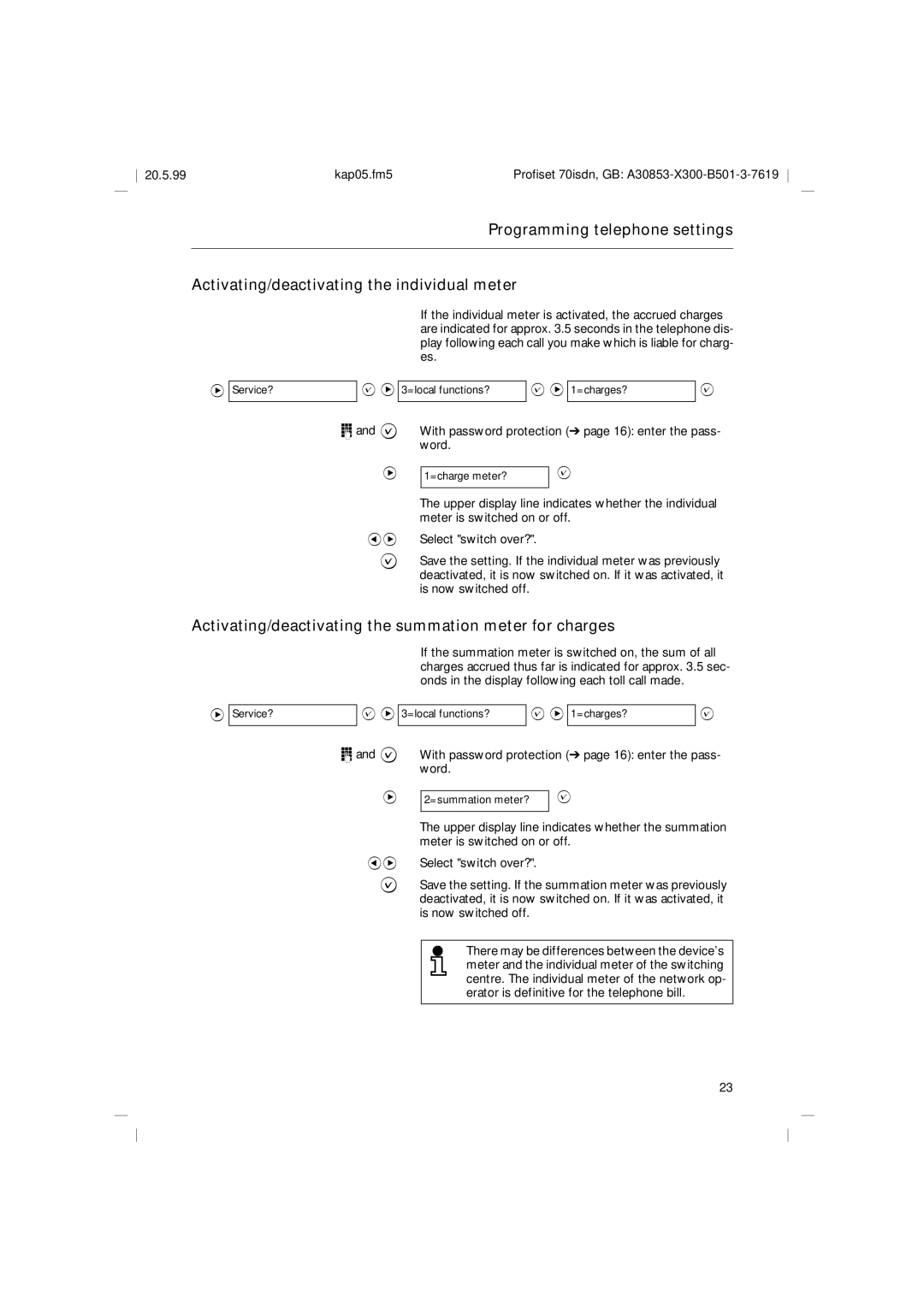 Siemens 70isdn operating instructions Activating/deactivating the summation meter for charges 