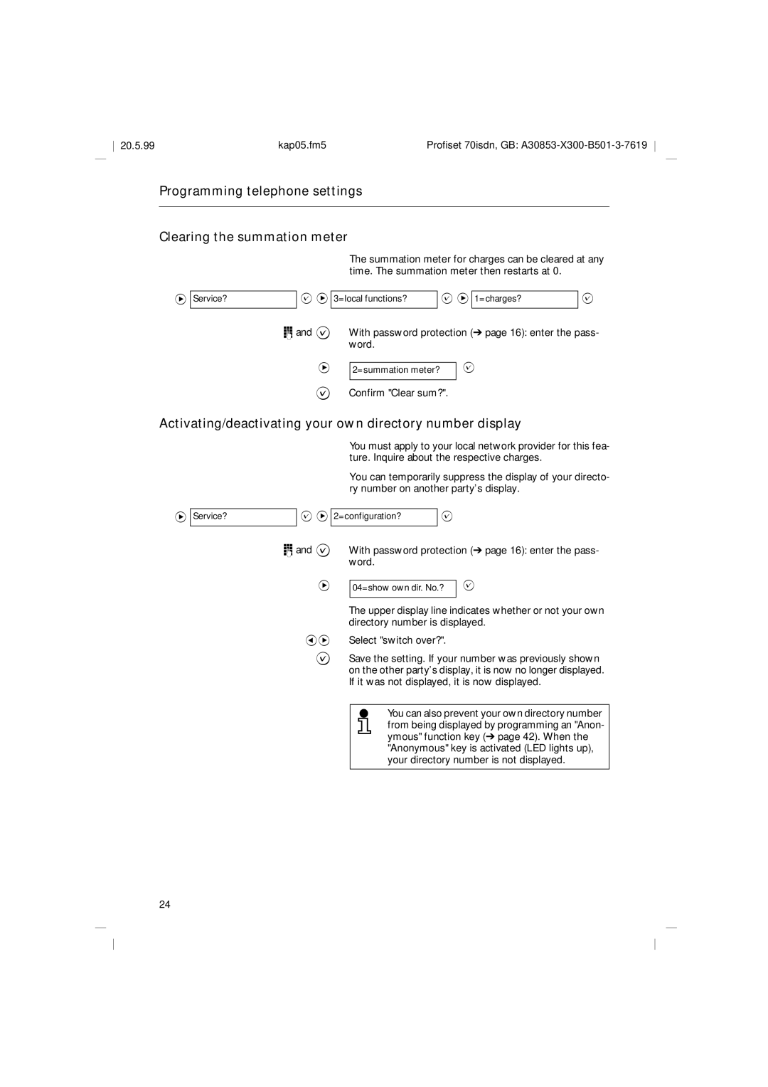 Siemens 70isdn operating instructions Programming telephone settings Clearing the summation meter, ? Confirm Clear sum? 