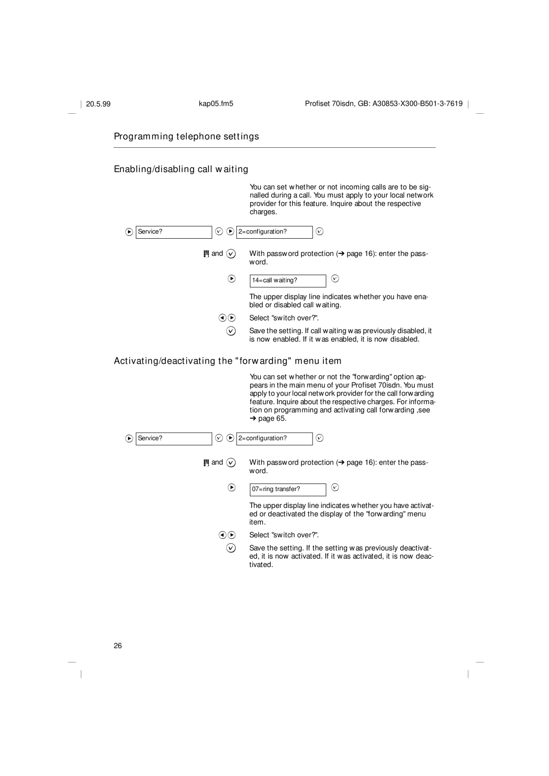 Siemens 70isdn operating instructions Activating/deactivating the forwarding menu item 