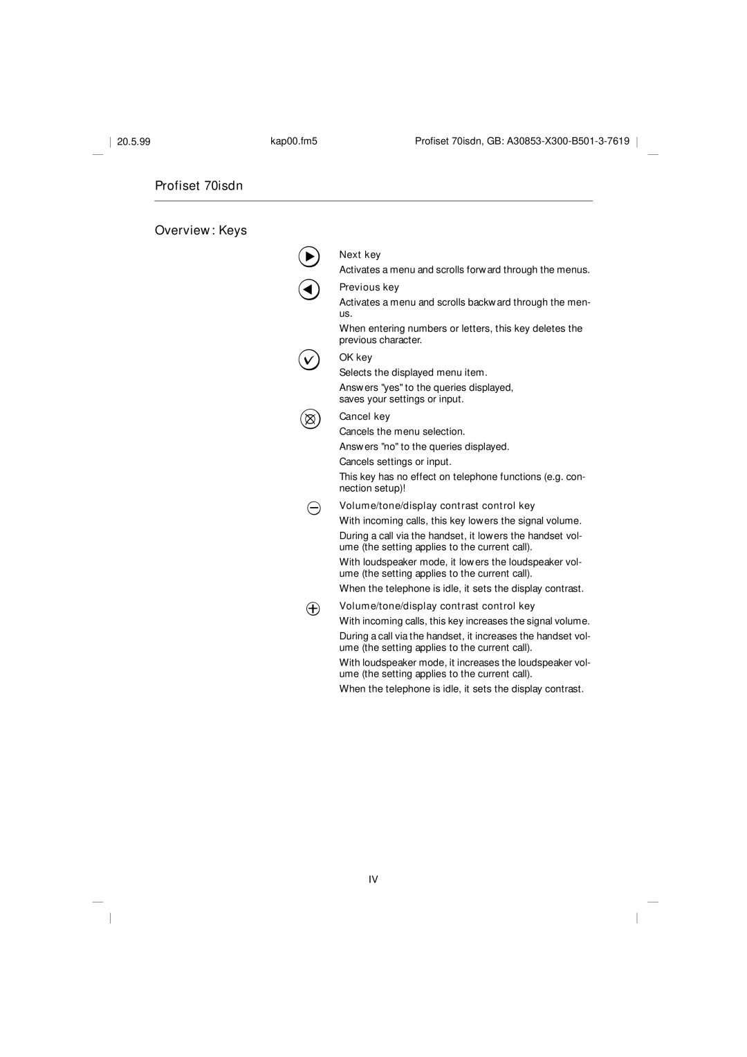 Siemens operating instructions Profiset 70isdn Overview Keys 