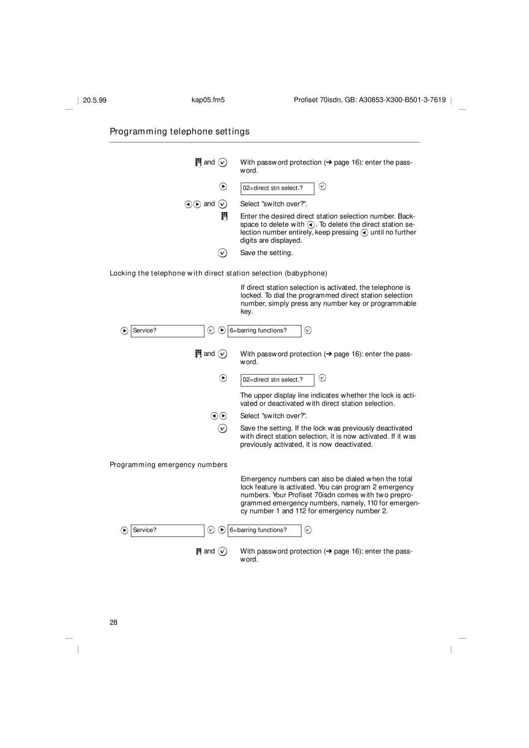 Siemens 70isdn operating instructions Programming telephone settings, Programming emergency numbers 