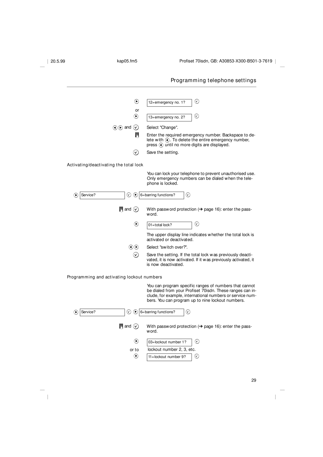 Siemens 70isdn operating instructions Activating/deactivating the total lock, Programming and activating lockout numbers 