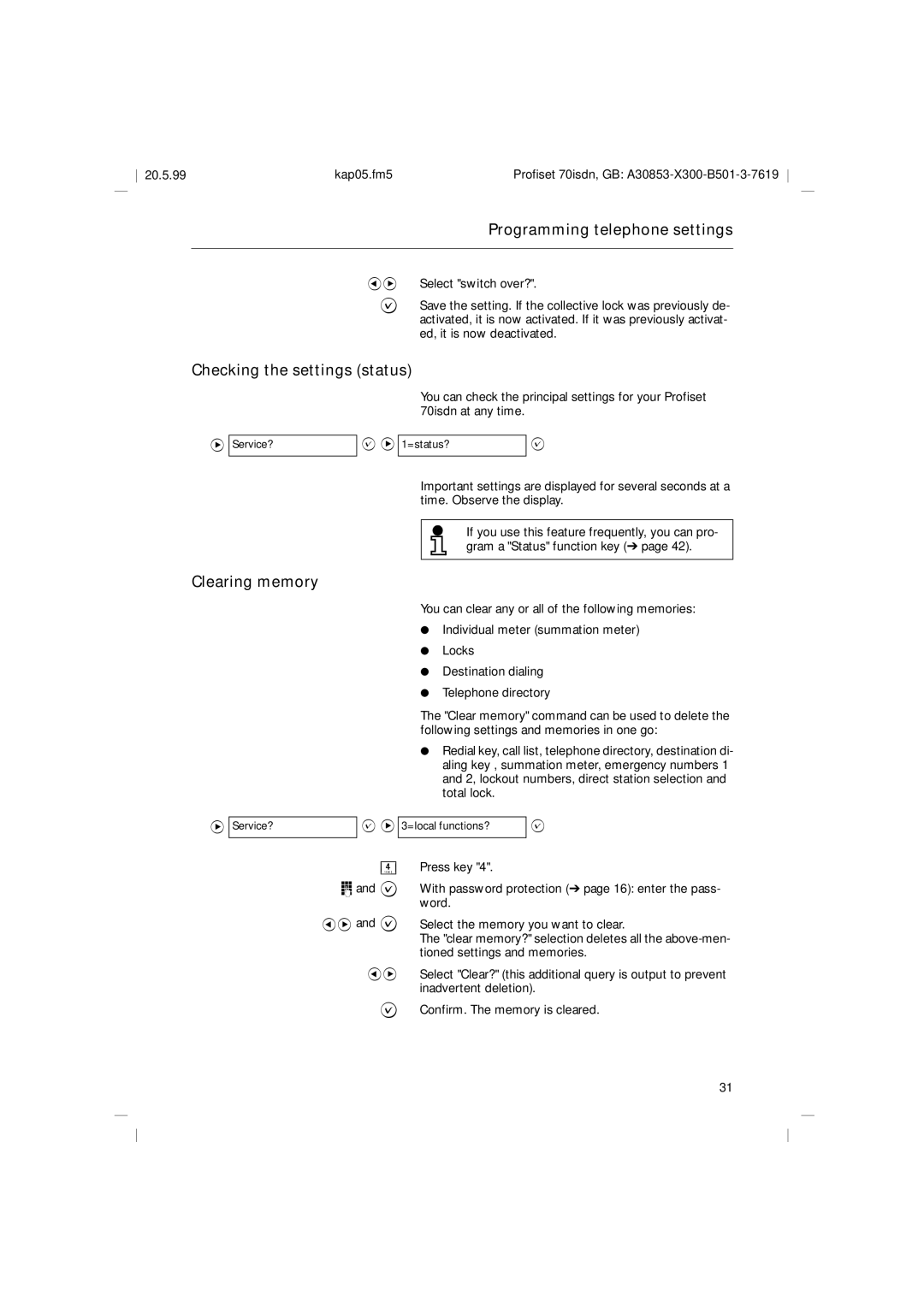 Siemens 70isdn operating instructions Checking the settings status, Clearing memory 