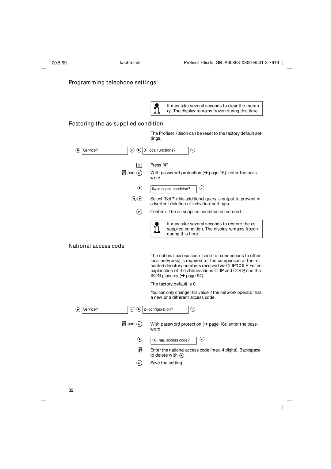 Siemens 70isdn operating instructions Restoring the as-supplied condition, National access code 