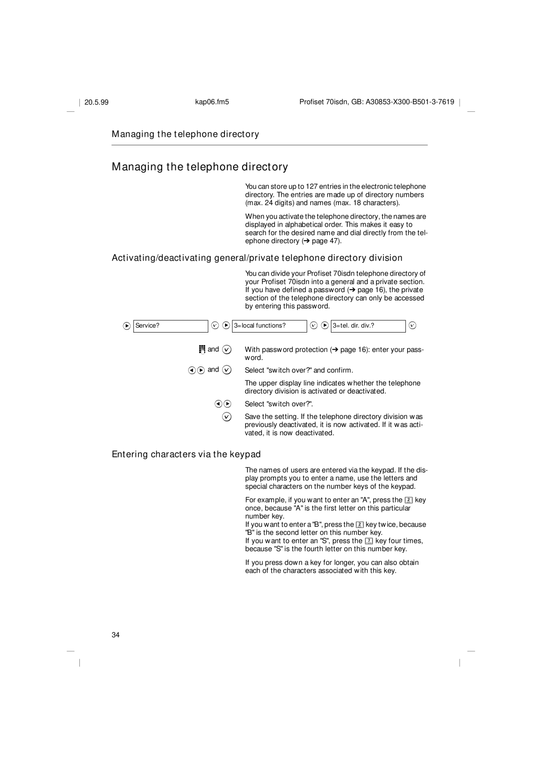 Siemens 70isdn operating instructions Managing the telephone directory, Entering characters via the keypad 