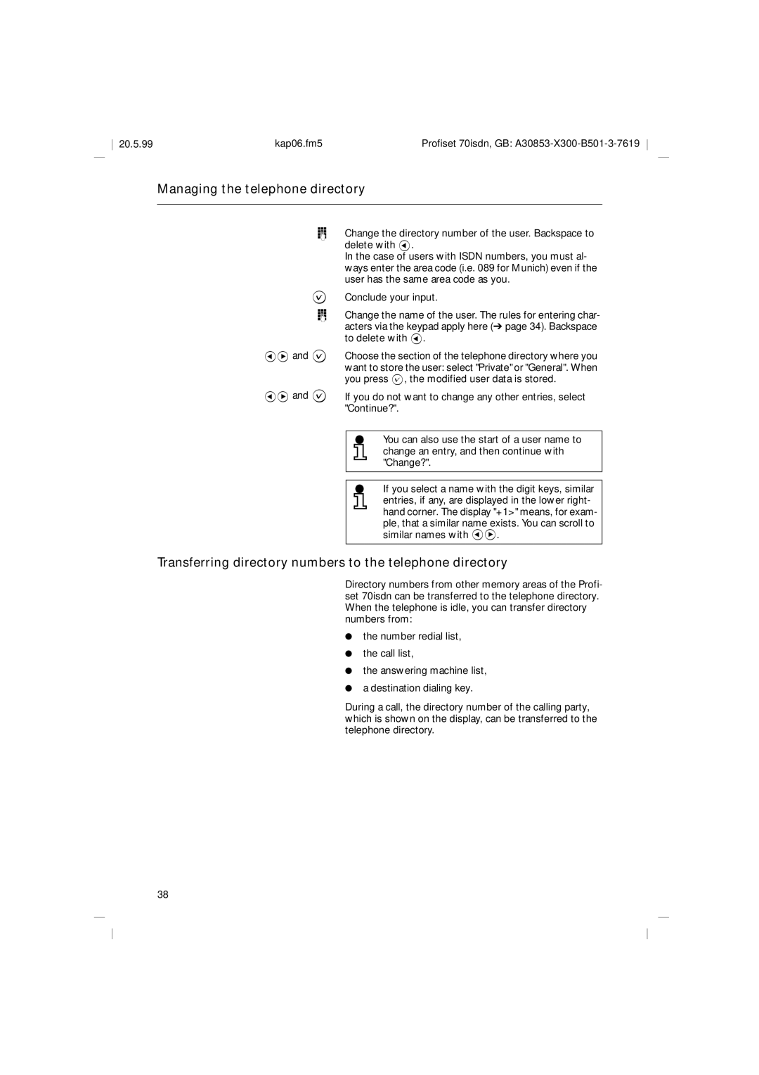 Siemens 70isdn Managing the telephone directory, Transferring directory numbers to the telephone directory 