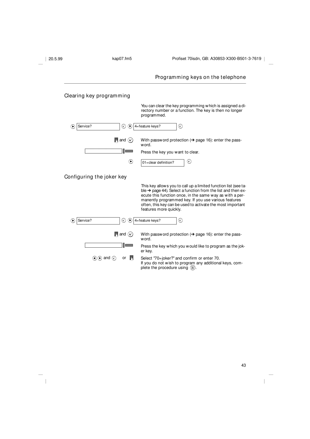 Siemens 70isdn operating instructions Programming keys on the telephone Clearing key programming, Configuring the joker key 