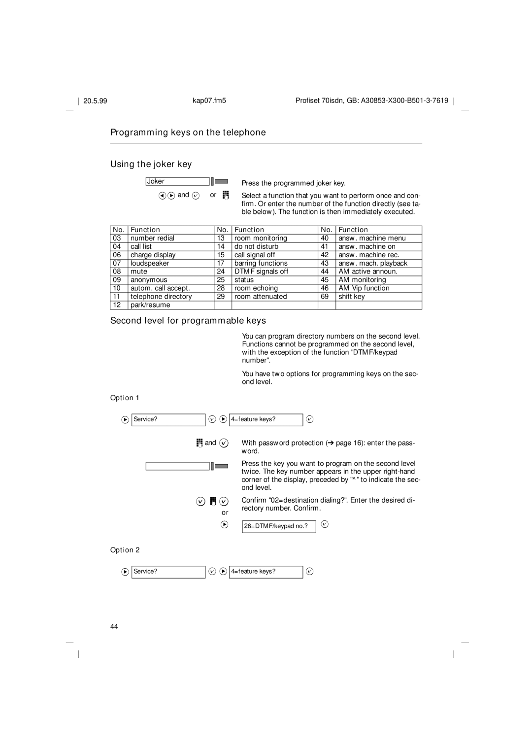 Siemens 70isdn Programming keys on the telephone Using the joker key, Second level for programmable keys, Option 
