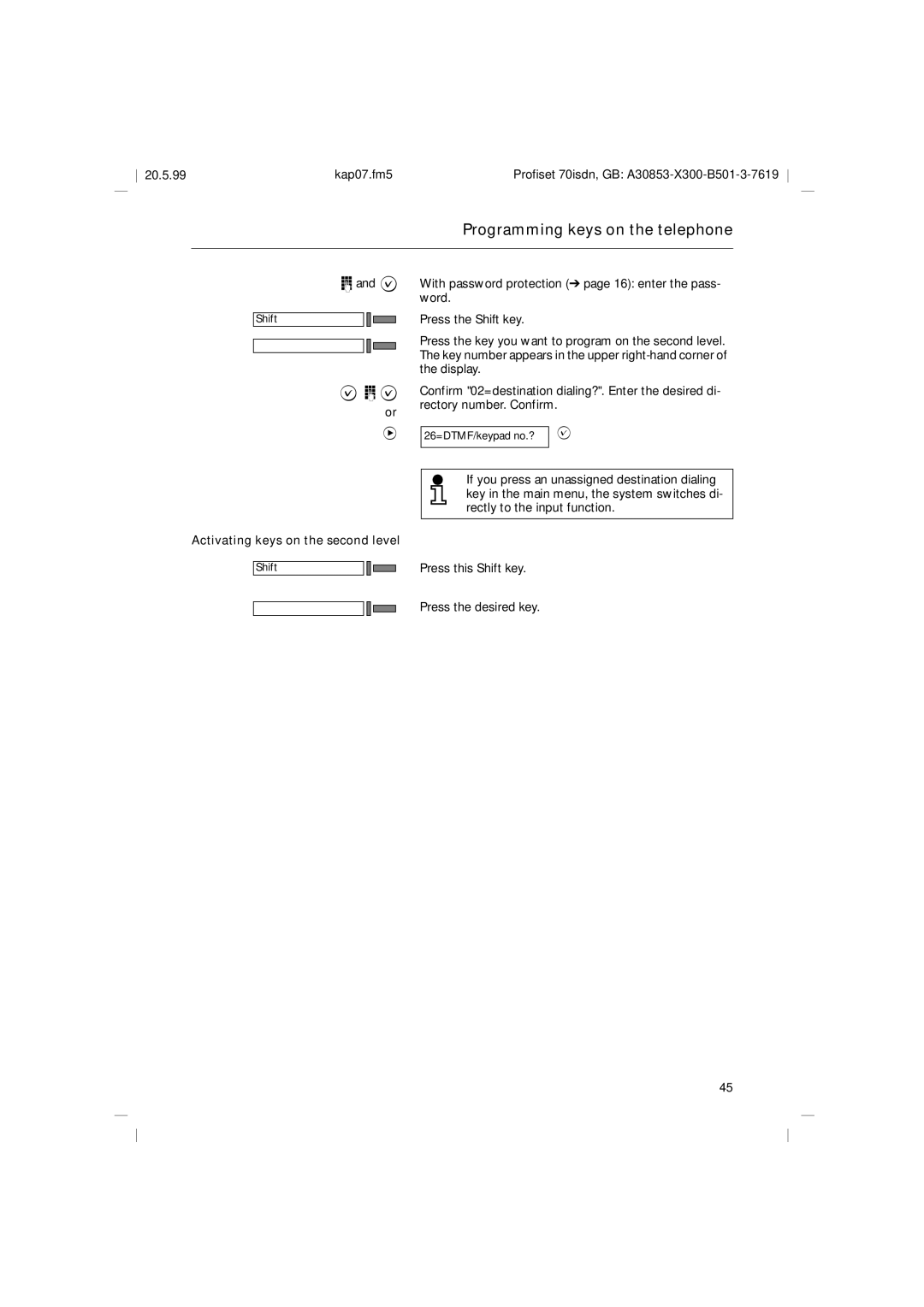 Siemens 70isdn operating instructions Activating keys on the second level, Press this Shift key Press the desired key 