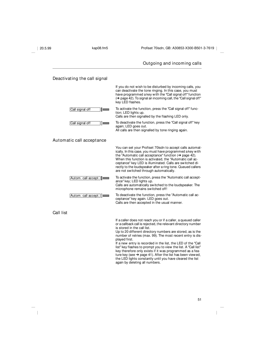 Siemens 70isdn Outgoing and incoming calls Deactivating the call signal, Automatic call acceptance, Call list 